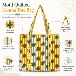 Motif Print Quilted Kantha Cotton Tote <b>Bag</b> with Contrast Handles Reusable Shopping Travel Shoulder <b>Bag</b> - Product Image 6