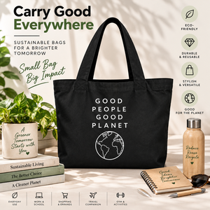 Sac fourre-tout Good People Good Planet en coton noir imprimé, sac de courses écologique - Product Image 4