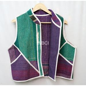 Chaleco de Algodón Tejido a Mano, Corto, para Verano y Otoño, Estilo Kantha, Patchwork, Vintage, Japonés, Multicolor, Informal - Product Image 1