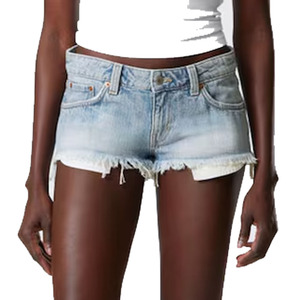 Shorts de mezclilla de cintura alta con dobladillo deshilachado para mujer, pantalones cortos casuales de algodón lavado claro para verano - Product Image 1