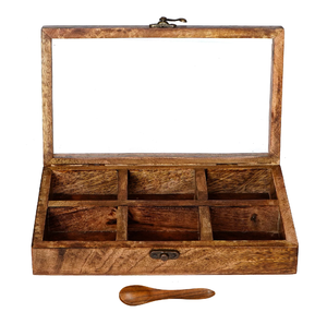 Caja de Especias Antigua de Madera con 6 Compartimentos, Caja de Especias Manual de Madera de Acacia con Tapa Acrílica, Caja de Especias Rectangular de Madera - Product Image 1