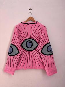 เสื้อแจ็คเก็ตผ้าฝ้ายปักลายซูซานีสีชมพูสไตล์โบฮีเมียน พร้อมลายตาปีศาจ แขนยาว คอตั้ง ทำมือ เสื้อคลุมสำหรับฤดูใบไม้ร่วง - Product Image 3