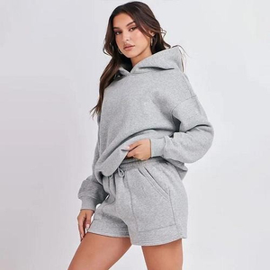 Ensemble décontracté pour femme : sweat à capuche et short, motif uni, respirant, léger, en polaire écologique, fermeture éclair rapide - Product Image 4