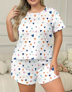 Women 2 Piece Set Heart Print Short Sleeve Top With Shorts Casual Loose Fit Spring Summer Wear - Product Image 1