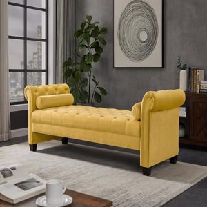"Sofa <b>Bench</b> with Solid <b>Wood</b> Legs & Velvet Cushions Rectangular Shape & Cylindrical Pillows" - Product Image 2