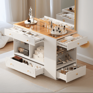 Armadio a isola con 6 cassetti, scaffali aperti, guardaroba per camera da letto, porta gioielli, vano espositivo in vetro, ripiani aperti superiori - Product Image 3