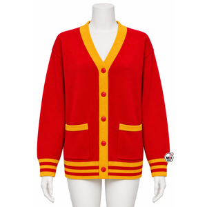 Cárdigans de punto para mujer al por mayor, cuello en V, rojo y amarillo, manga larga, gruesos, anti-bolitas, de secado rápido, con bolsillos, de botonadura sencilla - Product Image 1