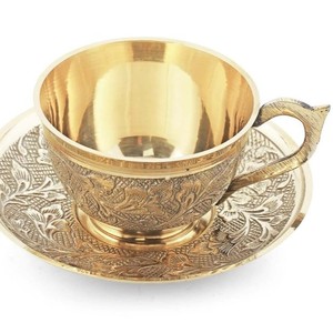 Vintage Brass Tea <b>Cup</b> and <b>Saucer</b> Set Carved Round Handmade Tea Service for Home Gift - Product Image 3