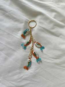 Handmade Multi Beaded Fish <b>Bag</b> <b>Charm</b> Keychain Blue White Gold Orange - Product Image 3