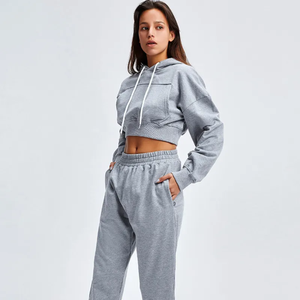 <b>Women's</b> Blue Fleece Hooded Crop Top & Jogger Set Casual Loose Fit All Seasons Sportswear Two <b>Piece</b> <b>Outfit</b> Solid Color - Product Image 4