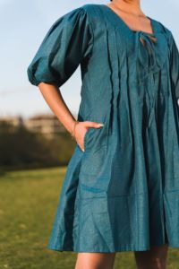 <b>Boho</b> Loose Midi <b>Dress</b> With Tie Neck Puff Sleeve 100% Linen Woven Solid Color Breathable Daily Wear <b>Summer</b> Casual <b>Dress</b> - Product Image 3