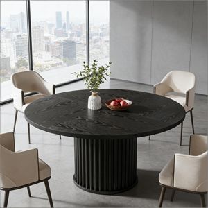 Tavolo da Pranzo con Base in Metallo Scanalato Robusta, Tavolo Rotondo in Legno per Cucina - Product Image 1