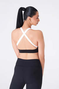 Sujetador deportivo de yoga negro de alto soporte con tiras cruzadas, cuello en V profundo, decoración de malla, material ecológico de spandex/poliéster - Product Image 2