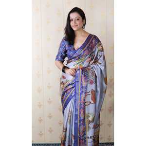 Sari traditionnel chinois en soie Tussar bleue, tissé avec des fils Zari, Pattachitra - Product Image 2