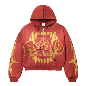 Custom Men Graphic Print Distressed Zip Hoodie Boxy Fit Acid Wash Streetwear Hoodie Y2K Frayed Hem Fleece Hoodie Manufacturer - Product Image 5
