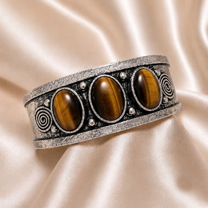 Earthbound Tiger Eye Trio Gem Wide <b>Cuff</b> Bezel Setting Handcrafted <b>Silver</b>/Gold Plated Brass Vintage Gift Jewelry - Product Image 5