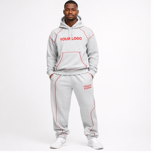 Custom Logo Men Oversized Hoodie Tracksuit Heavyweight Cotton Fleece Contrast Stitching Pullover Hoodie And Sweatpants <b>Set</b> - Product Image 1