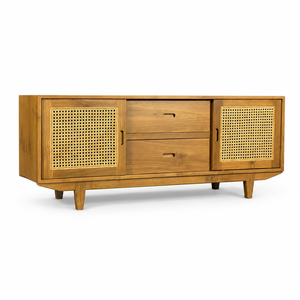 Buffet moderne en teck massif avec portes et tiroirs en rotin, meuble de rangement de style mid-century pour salon - Product Image 5