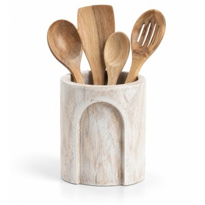 Porte-ustensiles en bois de manguier blanchi avec découpe en arc - Rangement de cuisine en gros - Product Image 1