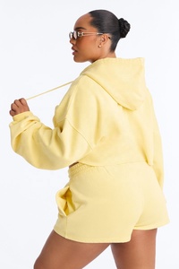 Conjunto de Sudadera Corta para Mujer, Color Sólido, Forro Polar, Cierre de Cremallera, Cordón Ajustable, Estilo Casual Otoñal, Hombros Caídos, Manga Larga - Product Image 5