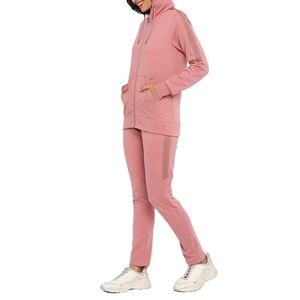 Women's Pink Hooded Tracksuit Full Zip And Pants Set Casual Sportswear With Side Pockets Breathable Spandex Cotton <b>Material</b> - Product Image 3