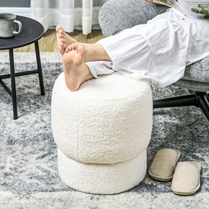 Pouf Rotondo in Tessuto Teddy Fleece Bianco con Struttura in Acciaio per Casa, Ufficio o Ingresso - Product Image 6