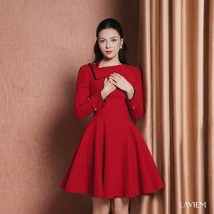 Vestido Premium Rojo de Manga Larga con Cuello Asimétrico y Corte Evase para Mujer |   Vestido Elegante para Invitadas de Boda |   LAVIEM - Product Image 1