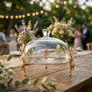 Support à gâteau de mariage de luxe doré avec dôme en verre, plateau à fruits, bordure à motif floral, présentoir à desserts, outils de décoration - Product Image 5