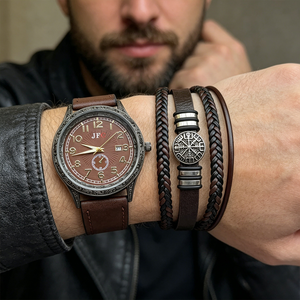 Ensemble de 2 montres à quartz imperméables pour hommes en marron avec bracelet en cuir magnétique, ensemble de montres tendance pour hommes - Product Image 5