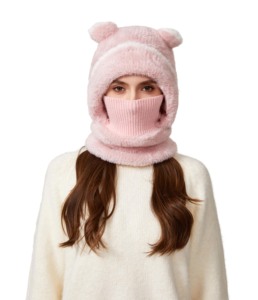 <b>Cute</b> White Faux Fur WindProof Beanie Caps <b>Bear</b> Earflap Hat with Neck Warmer 100% Polyester Chains for Unisex Winter Outdoor Wear - Product Image 3