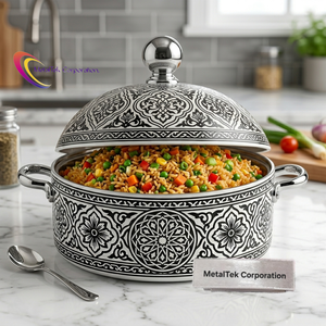 หม้อสแตนเลสอย่างดี ลายดอกไม้สีดำขาว มีนา พร้อมฝาปิดเก็บความร้อน จานเสิร์ฟพร้อมหูจับสีเงิน - Product Image 3