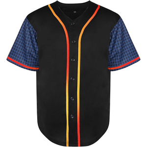 Camiseta de Béisbol Personalizada para Hombre, Cuello en V, Manga Corta, Bloques de Color, Mangas a Cuadros, Cierre de Botones, Poliéster Transpirable - Product Image 1