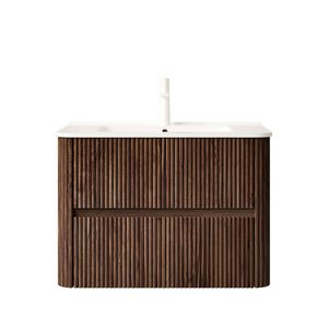 NOOR 30\" <b>Wall</b> Mounted <b>Floating</b> Plywood Bathroom Vanity with 2 Drawers White Ceramic Basin Sink NOOR 30\" Bathroom Vanities - Product Image 3