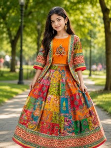 ชุดเลเฮนกาโชลีสำหรับเด็กผู้หญิง ดีไซน์ใหม่สุดฮิต ผ้าชีฟองเนื้อหนัก พิมพ์ลายดิจิทัล งานปักมือ สีน้ำเงินกรมท่า - Product Image 2