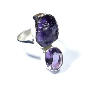 Bague Statement en Argent Sterling 925 avec Deux Pierres d'Améthyste Naturelle, Faite à la Main, Pierre Brute, Bijoux Bohèmes, Design Élégant - Product Image 5