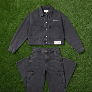 <b>Women</b> Charcoal Gray <b>Cropped</b> Denim <b>Jacket</b> And Cargo <b>Jeans</b> Set Casual Two Piece Streetwear Fashion Outfit - Product Image 5
