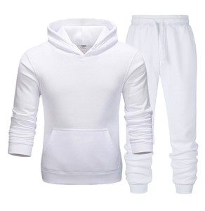 Survêtement unisexe en coton blanc avec capuche et pantalon à cordon de serrage, manches longues, couleur unie, tenue décontractée, saison automne, coupe classique - Product Image 1