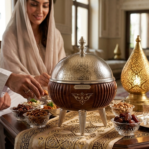 Elegante calentador de alimentos de madera estriada estilo Majlis con detalles plateados tradicionales, tipo chafing dish para Ramadán, utensilio de servicio tipo hotpot, duradero, para el mercado del Golfo, al por mayor - Product Image 5