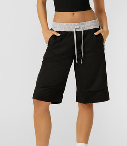 Women Fitness Black <b>Knee</b>-Length Shorts with Gray Waistband Shorts Manufacturers in Pakistan Casual Loose Fit Women Shorts - Product Image 3