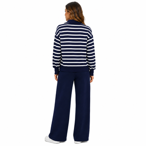 Winter Wear Ladies Blue <b>Striped</b> Quarter Zip <b>Women's</b> Pullover Tracksuit Wide Leg <b>Trouser</b> Set Casual Modest Athleisure Loungewear - Product Image 2