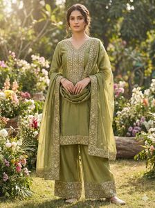 Elegante traje de seda cosido a mano con bordados elaborados y pedrería para ocasiones de boda, ropa tradicional para mujer. - Product Image 5