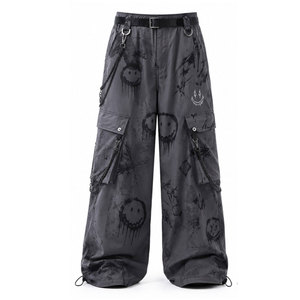 Pantalones Cargo de Pierna Ancha para Hombre, Cintura Elástica, Múltiples Bolsillos, Estampado de Esqueleto Dibujado a Mano, Estilo Urbano, Pantalones de Lona Transpirables para Verano - Product Image 5