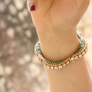 Green Gemstone Gajaah 925 Sterling Silver Regal <b>Gold</b>-<b>Plated</b> Polki Single <b>Bangle</b> with Green Enamel For Women Party Wear - Product Image 3