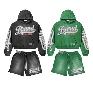 Custom Brand Name <b>Men's</b> Black Embroidered Casual <b>Shorts</b> Summer Cotton French Terry Drawstring Design <b>Hoodie</b> <b>Shorts</b> <b>Set</b> - Product Image 1