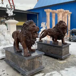 Outdoor Entrance Decoration Lost Wax Cast Metal Bronze Lions Statue With Big Stone Pedestal