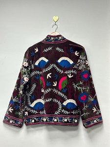 Woman Brown Velvet Suzani <b>Jacket</b> Multicolor Floral Embroidery Stand Collar Bohemian <b>Vintage</b> <b>Women</b> Outerwear - Product Image 4