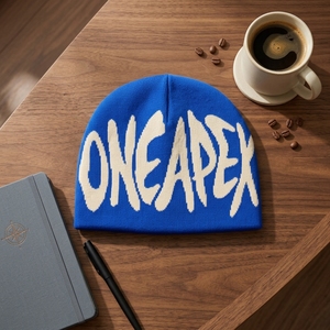Royal Blue Cream Graphic Knit Beanie Hat Custom Logo Ribbed <b>Winter</b> <b>Cap</b> Unisex Streetwear Fashion Headwear Wholesale OEM Factory - Product Image 3