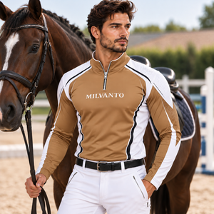 Camisa de Competición Ecuestre Personalizada para Hombre Camel |   Camisa de equitación premium de poliéster de 220 GSM con manga larga y cremallera de un cuarto - Product Image 1
