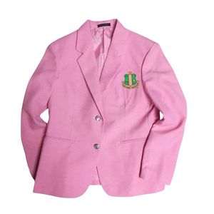 Blazer Clásico Rosa para Mujer con Escudo Bordado en Verde y Dorado, Chaqueta Elegante Formal de Oficina con un Solo Botón - Product Image 1