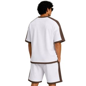 White Mens Oversized <b>T</b> <b>Shirt</b> And Shorts Set Brown Contrast Panels Custom Logo Crew Neck Casual Streetwear Wholesale Manufacturer - Product Image 2
